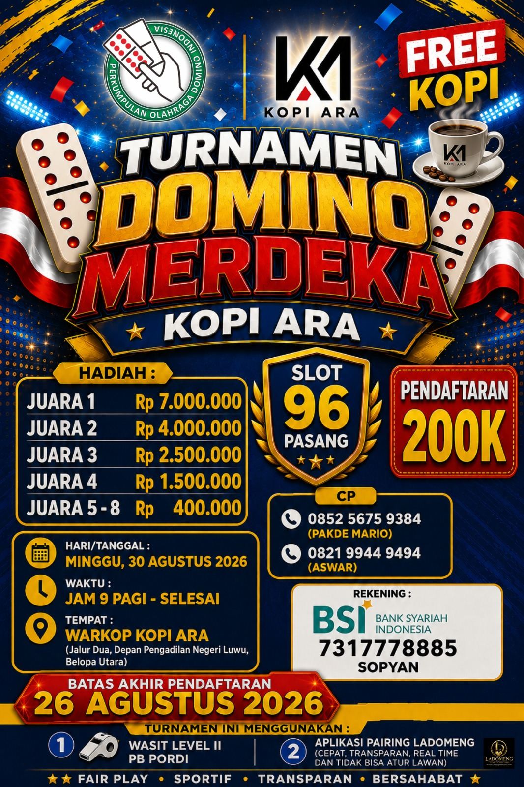 Pendaftar Membludak, Turnamen Domino Merdeka Kopi Ara Tambah Kuota Jadi 96 Pasang
